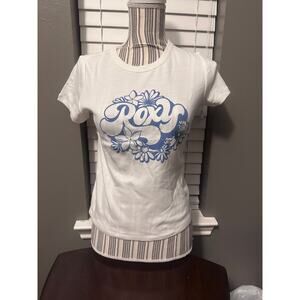 Roxy Graphic Tee Floral Logo White Short Sleeve T-Shirt Womens Large NWT